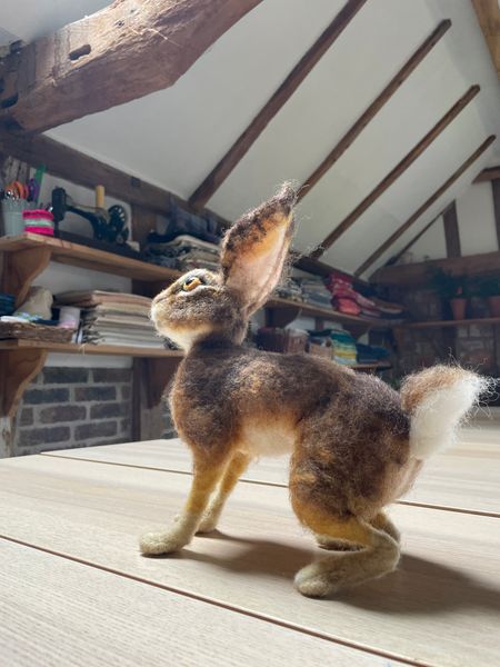 A beautiful needle felted Brown Hare contemplates the skylight!