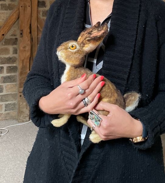 A beautiful needle felted Brown Hare leaps into her maker's arms after a full day workshop at The Oast Studio