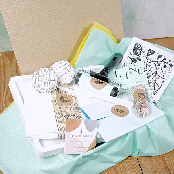 Inside classic lino kit box - gift wrap contents
