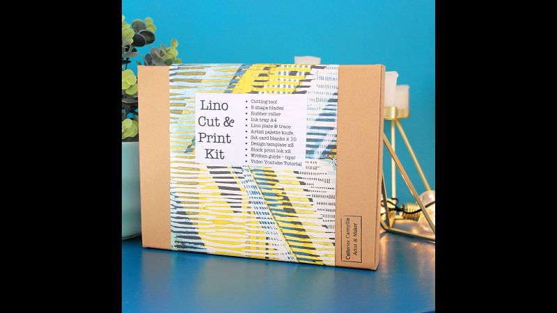 Classic lino print kit comes in a kraft box with colourful front label