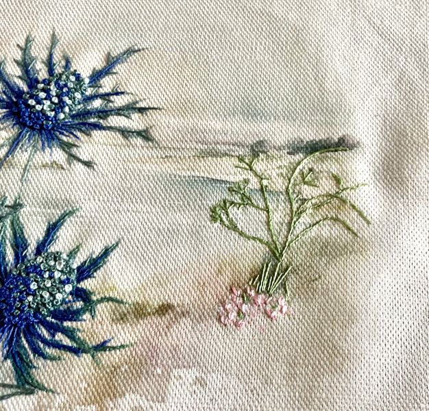 Sea Holly embroidery kit from Maire Curtis lakeland studio