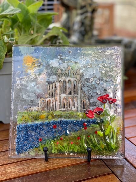 Hand painted Whitby abbey with bubble paints and poppies 