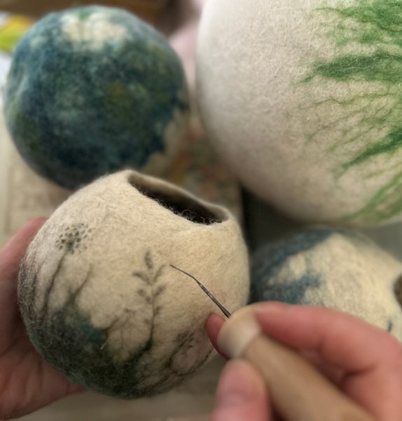 Nature inspired wet felted and needle felted vessels