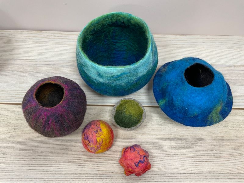 wet felted vessels made by crafters at a workshop with Cecily Kate at The Oast Studio