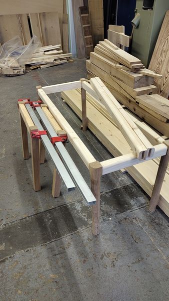 Bench glued up ready for weaving.