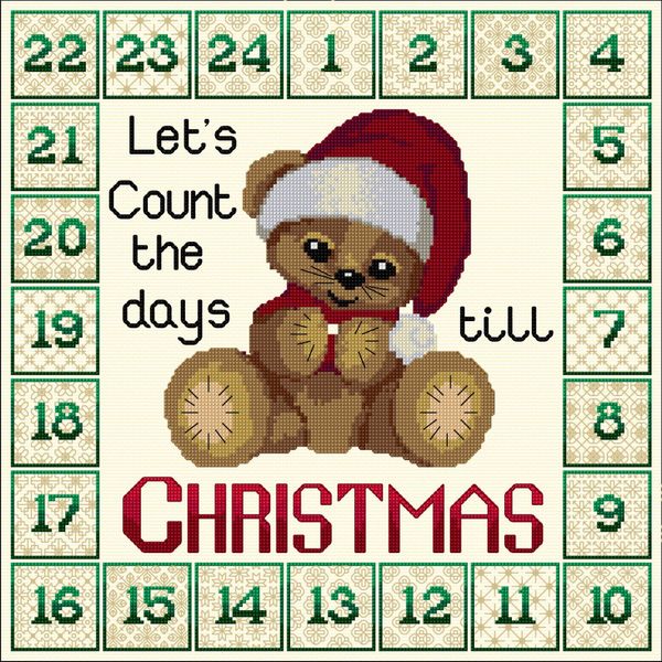 Cross stitch and Blackwork embroidery Advent Clock with Bear