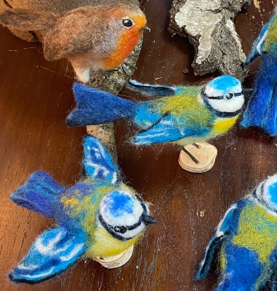 Beautiful Blue Tits needle felted by Students during an Oast Studio workshop 