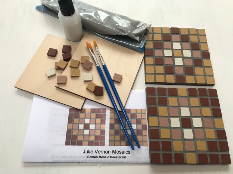 Mosaic kit contains everything you need to make two coasters