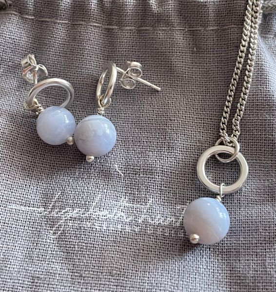 Lace agate and Argentium pendant and earring set