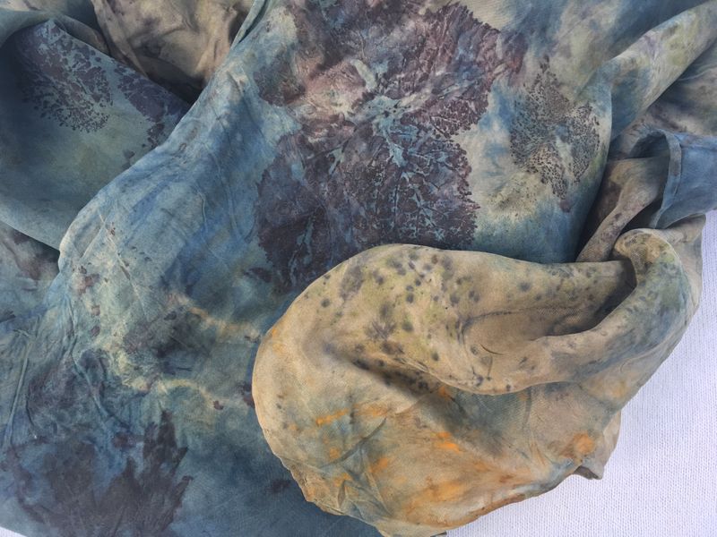 Silk scarf ecodyed with indigo and rust