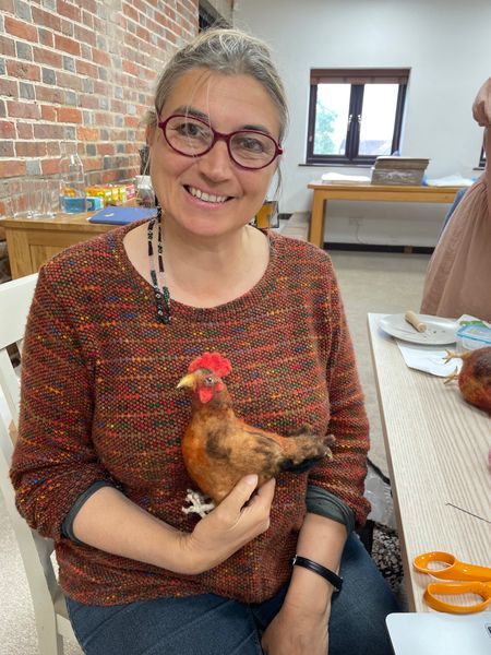 A very happy felter with her gorgeous Hen following the workshop
